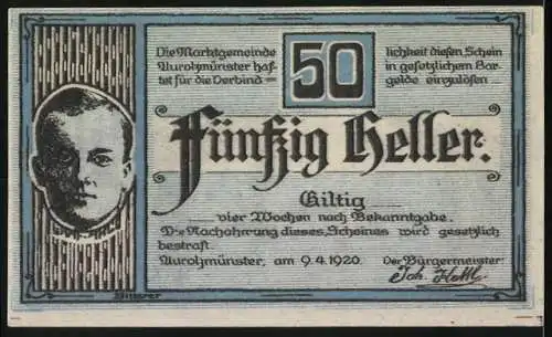 Notgeld Aurolzmünster 1920, 50 Heller, Gebäudeansicht und Porträt