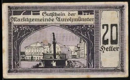 Notgeld Aurolzmünster 1920, 20 Heller, Marktplatzansicht und Porträt