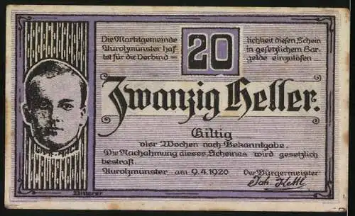 Notgeld Aurolzmünster 1920, 20 Heller, Marktplatzansicht und Porträt