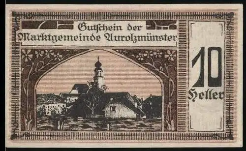 Notgeld Aurolzmünster 1920, 10 Heller, Stadtansicht mit Kirche und Porträt