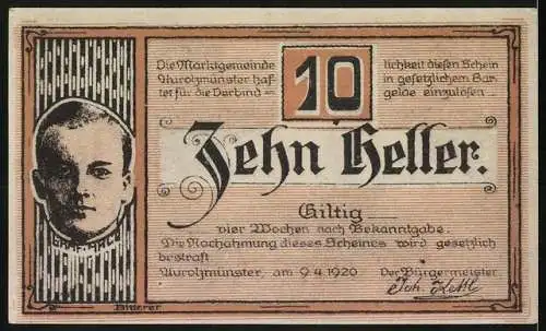 Notgeld Aurolzmünster 1920, 10 Heller, Stadtansicht mit Kirche und Porträt