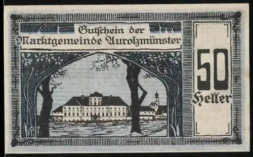 Notgeld Aurolzmünster 1920, 50 Heller, Herrenhaus im Park und Porträt eines Mannes