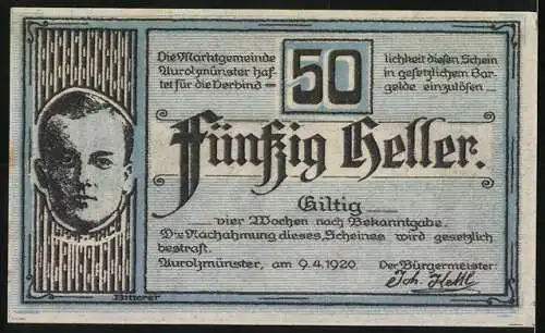 Notgeld Aurolzmünster 1920, 50 Heller, Herrenhaus im Park und Porträt eines Mannes