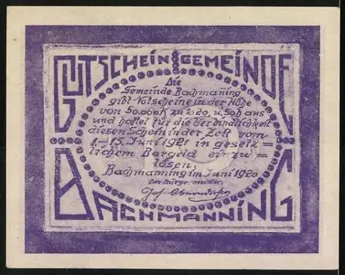 Notgeld Bachmanning 1920, 10 Heller, Landschaft mit Kirche und Bäumen