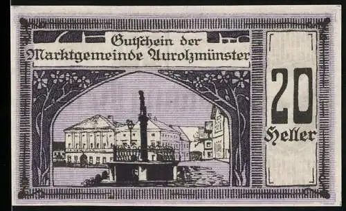 Notgeld Aurolzmünster 1920, 20 Heller, Stadtansicht und Porträt mit dekorativem Rahmen