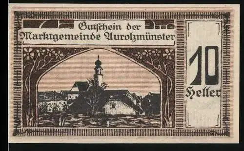 Notgeld Aurolzmünster 1920, 10 Heller, Kirche und Porträt mit Ornamenten