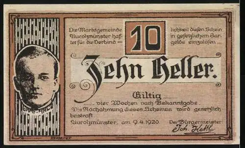 Notgeld Aurolzmünster 1920, 10 Heller, Kirche und Porträt mit Ornamenten