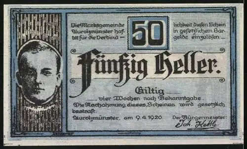 Notgeld Aurolzmünster 1920, 50 Heller, Schlossansicht und Porträt eines Mannes