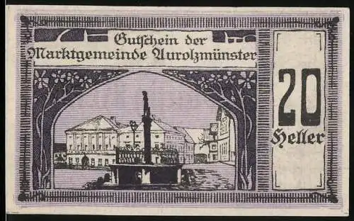 Notgeld Aurolzmünster 1920, 20 Heller, Stadtszene und Porträt, violett-schwarz