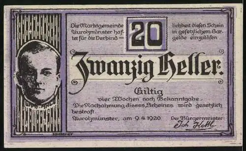 Notgeld Aurolzmünster 1920, 20 Heller, Stadtszene und Porträt, violett-schwarz