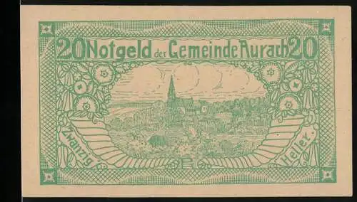 Notgeld Aurach 1920, 20 Heller, Dorflandschaft und florale Ornamente