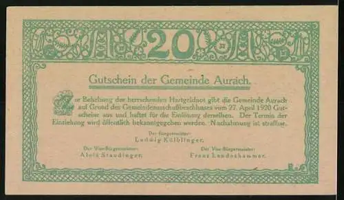 Notgeld Aurach 1920, 20 Heller, Dorflandschaft und florale Ornamente