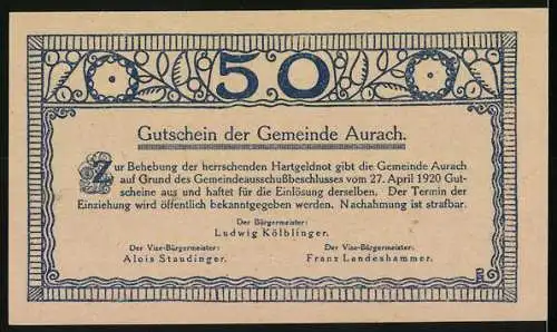 Notgeld Aurach 1920, 50 Heller, Landschaft mit Kirche und Bäumen, Gutscheintext mit Unterschriften