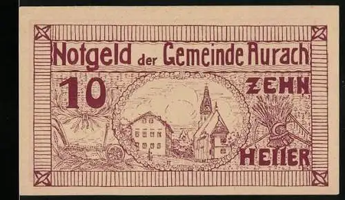 Notgeld Aurach 1920, 10 Heller, ländliche Szene mit Kirche und Bauernhof