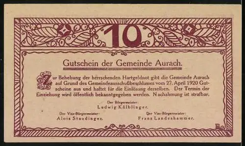 Notgeld Aurach 1920, 10 Heller, ländliche Szene mit Kirche und Bauernhof