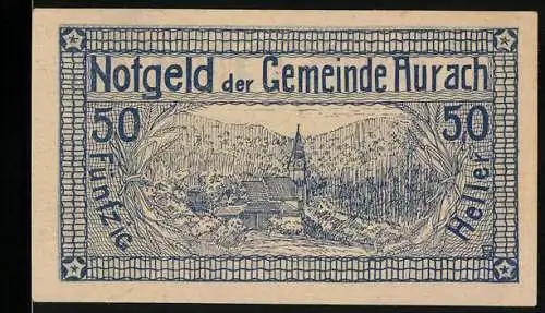 Notgeld Aurach 1920, 50 Heller, Kirche im Wald, florales Muster