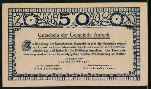 Notgeld Aurach 1920, 50 Heller, Kirche im Wald, florales Muster