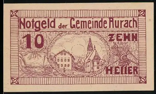 Notgeld Aurach 1920, 10 Heller, Dorfansicht mit Kirche und Ährenbündel