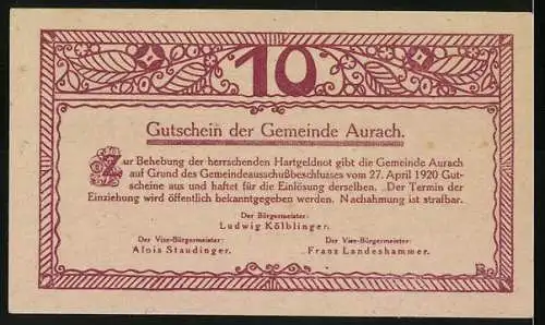 Notgeld Aurach 1920, 10 Heller, Dorfansicht mit Kirche und Ährenbündel