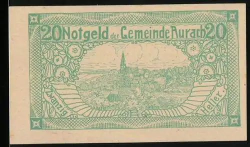 Notgeld Aurach 1920, 20 Heller, Stadtansicht mit Ornamenten und Gemeindewappen