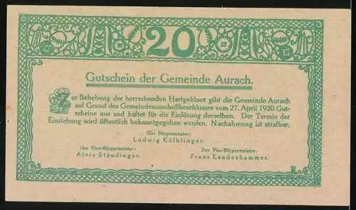 Notgeld Aurach 1920, 20 Heller, Stadtansicht mit Ornamenten und Gemeindewappen