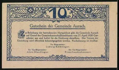 Notgeld Aurach 1920, 10 Heller, ländliche Szene mit Kirche und Gebäude, Text mit Gemeindesiegel