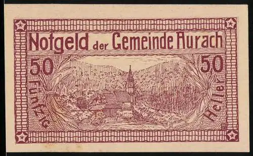 Notgeld Aurach 1920, 50 Heller, Landschaftsmotiv mit Kirche und Bäumen