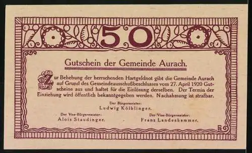 Notgeld Aurach 1920, 50 Heller, Landschaftsmotiv mit Kirche und Bäumen