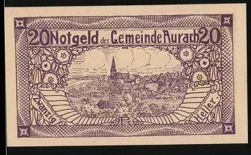 Notgeld Aurach 1920, 20 Heller, Dorflandschaft und Blumenornamentik