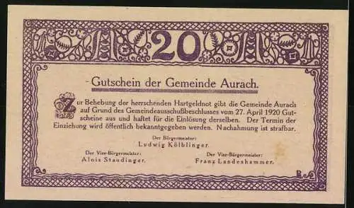 Notgeld Aurach 1920, 20 Heller, Dorflandschaft und Blumenornamentik