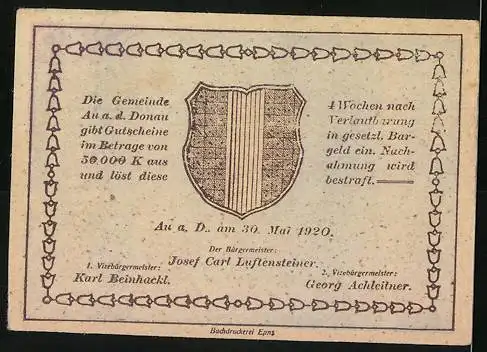 Notgeld Au a.d. Donau 1920, 20 Heller, Gebäudeansicht und Wappen, Gemeindeauflistung