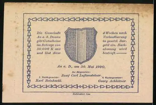 Notgeld Au a.d. Donau 1920, 50 Heller, Bauernhaus und Wappen, Serie mit Gemeindevertreternamen