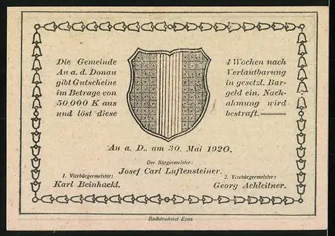 Notgeld Au a.d. Donau 1920, 30 Heller, Landschaft und Wappen, Gemeindeausgabe