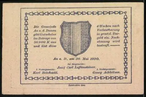 Notgeld Au a.d. Donau 1920, 50 Heller, Bauernhaus und Wappen der Gemeinde