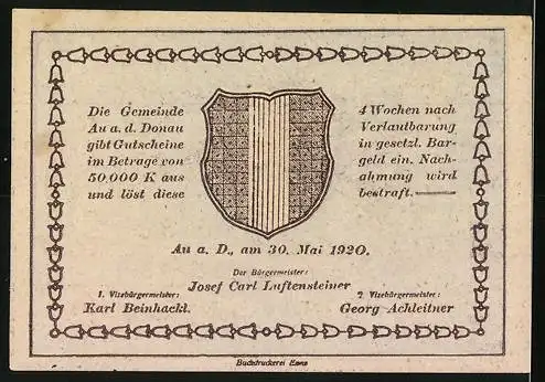 Notgeld Au a.d. Donau 1920, 20 Heller, ländliches Gebäude, Wappen, Seriennummer und Datum