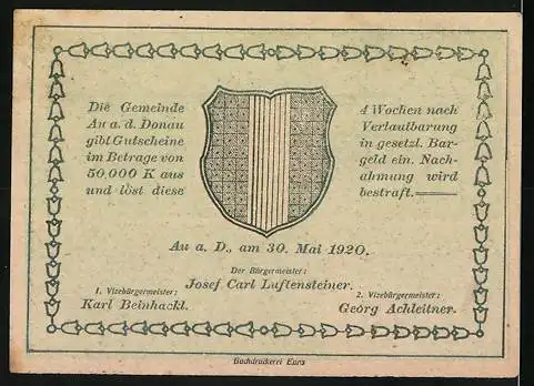 Notgeld Au a.d. Donau 1920, 30 Heller, Flusslandschaft und Wappen, Ausgabeankündigung am 30. Mai