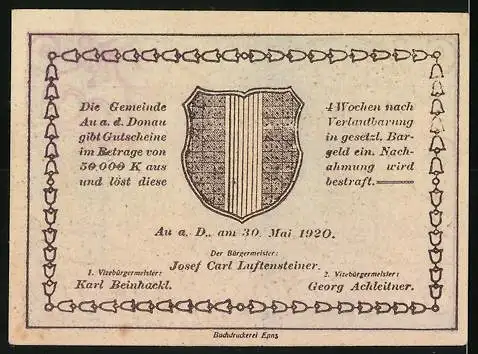 Notgeld Au a.d. Donau 1920, 20 Heller, Gebäudeansicht, Wappen und Text