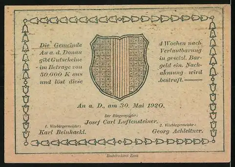 Notgeld Au a.d. Donau 1920, 30 Heller, Landschaftsmotiv mit Dampfschiff, Wappen, Seriennummer