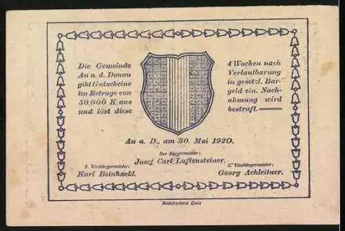 Notgeld Au a.d. Donau 1920, 50 Heller, Holzhaus und Wappen, Ornamentrahmen