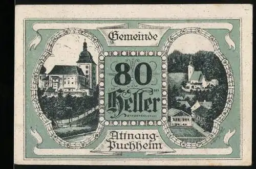 Notgeld Attnang-Puchheim 1920, 80 Heller, Stadtansichten und geflügelte Figur mit Lorbeerzweig