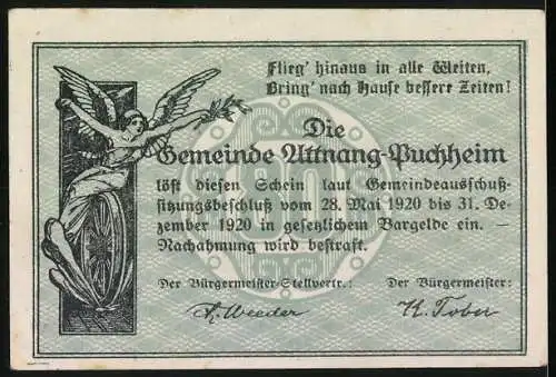 Notgeld Attnang-Puchheim 1920, 80 Heller, Stadtansichten und geflügelte Figur mit Lorbeerzweig