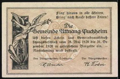 Notgeld Attnang-Puchheim 1920, 50 Heller, Gebäudeansichten und geflügelte Figur mit Rad