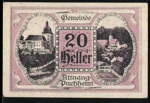 Notgeld Attnang-Puchheim 1920, 20 Heller, Gebäude und Engel mit Flügelrad