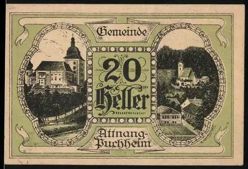 Notgeld Attnang-Puchheim 1920, 20 Heller, Ansichten von Gebäuden und Landschaft