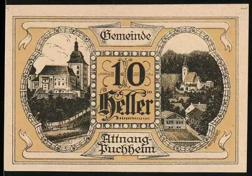 Notgeld Attnang-Puchheim 1920, 10 Heller, Stadtansichten und dekorative Rahmen