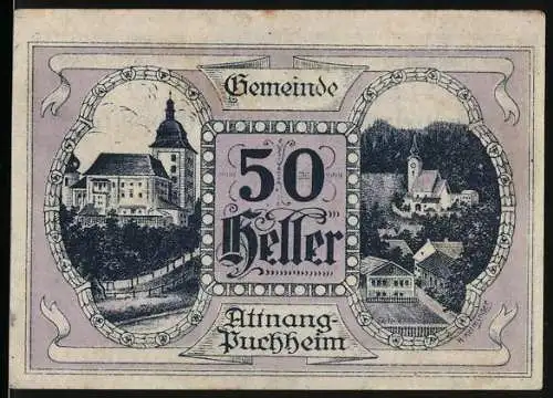 Notgeld Attnang-Puchheim 1920, 50 Heller, Gebäudeansichten und Textumrandung