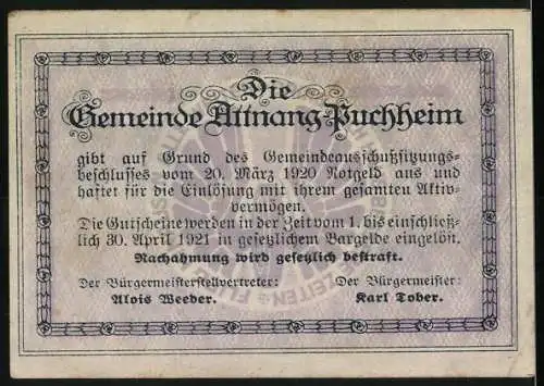 Notgeld Attnang-Puchheim 1920, 50 Heller, Gebäudeansichten und Textumrandung