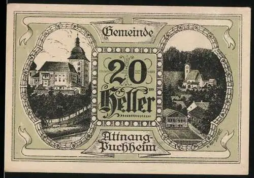 Notgeld Attnang-Puchheim 1920, 20 Heller, Stadtansichten und Verzierung