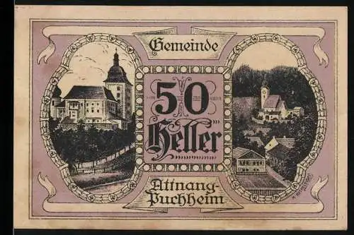 Notgeld Attnang-Puchheim 1920, 50 Heller, Stadtansichten und Gebäudeillustrationen