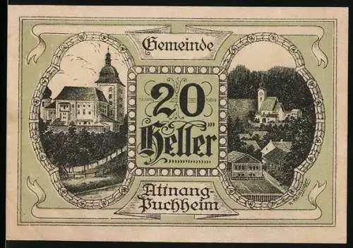 Notgeld Attnang-Puchheim 1920, 20 Heller, Ansichten von Gebäuden und Landschaft